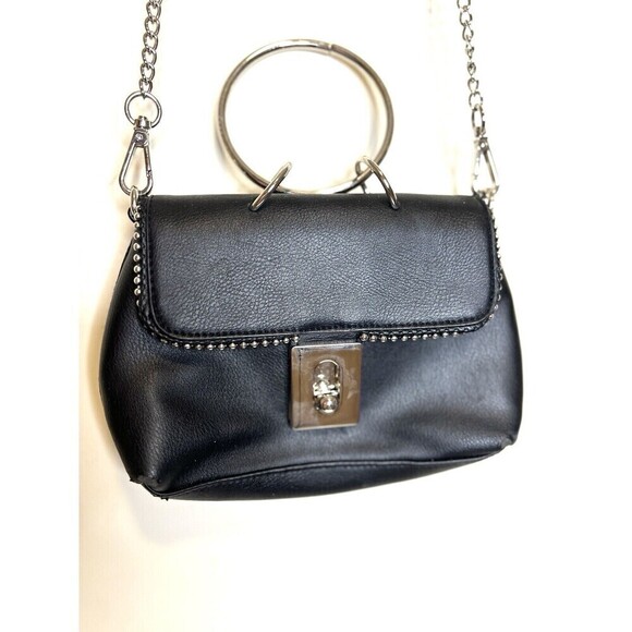 Small Black Faux Leather Crossbody‎ Bag Clutch Removable Strap Silver Hardware - Picture 1 of 12